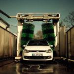 White car parked at a car wash during washing a car with water process