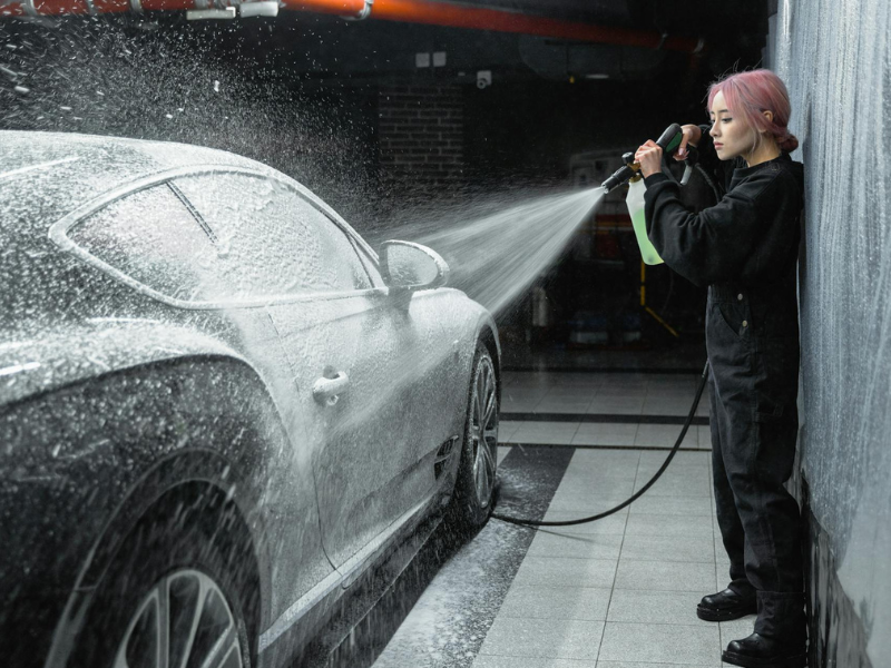 A woman in a black sweater is spraying soap on a car while washing it with water.