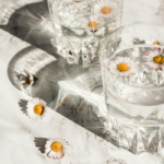 white daisy in a clear glass cup symbolizing spring water vs. purified water clarity and natural purity