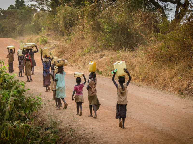 Group of girls walking along a road carrying water containers, illustrating shared responsibility and water access struggles on World Water Day 2026