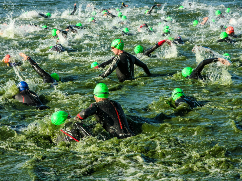 Group of people swimming in the ocean during open water swimming, enjoying a shared outdoor water experience