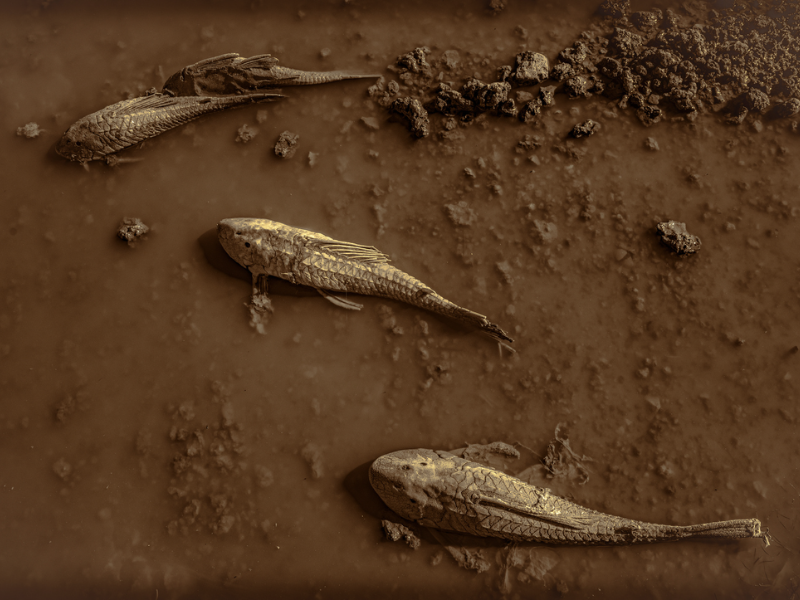 Stranded fish remain trapped within receding mudflats as Jonathan Barberi documents drought through stillness rather than spectacle.