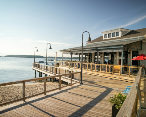 Wooden boardwalk and waterfront building beside a calm tidal park, showcasing a coastal space designed to adapt to changing tides and reconnect people with nature.