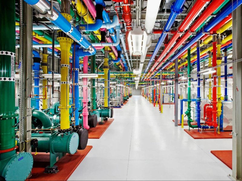 Color-coded pipes and cooling infrastructure inside a modern data center illustrate the growing need for efficient water management as digital infrastructure expands.