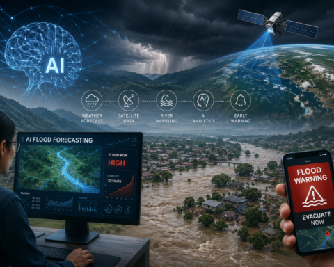 AI flood forecasting using satellite data, river modelling and early warning technology to predict flood risk.