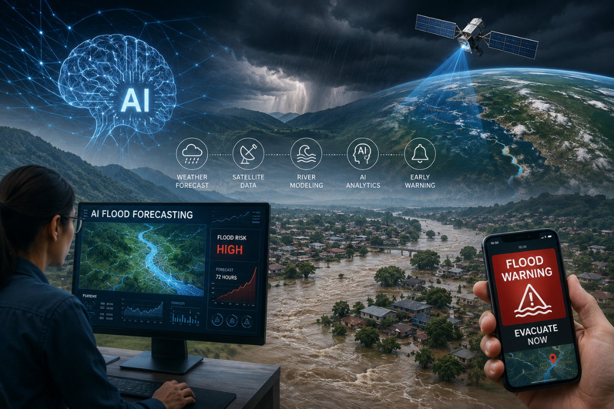 AI flood forecasting using satellite data, river modelling and early warning technology to predict flood risk.