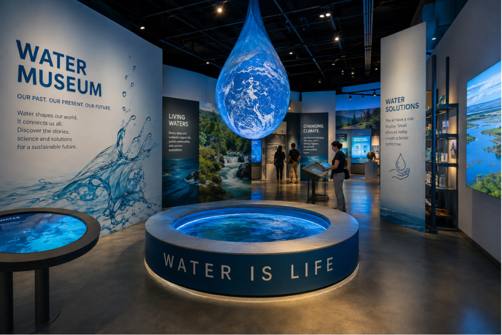 Modern water museums exhibition with interactive displays exploring water, climate change and sustainable water solutions.