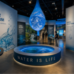 Modern water museums exhibition with interactive displays exploring water, climate change and sustainable water solutions.