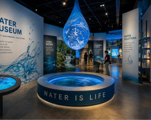 Modern water museums exhibition with interactive displays exploring water, climate change and sustainable water solutions.