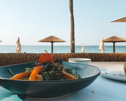 A fresh food dish served beside the coast, highlighting the connection between water, food and coastal landscapes.